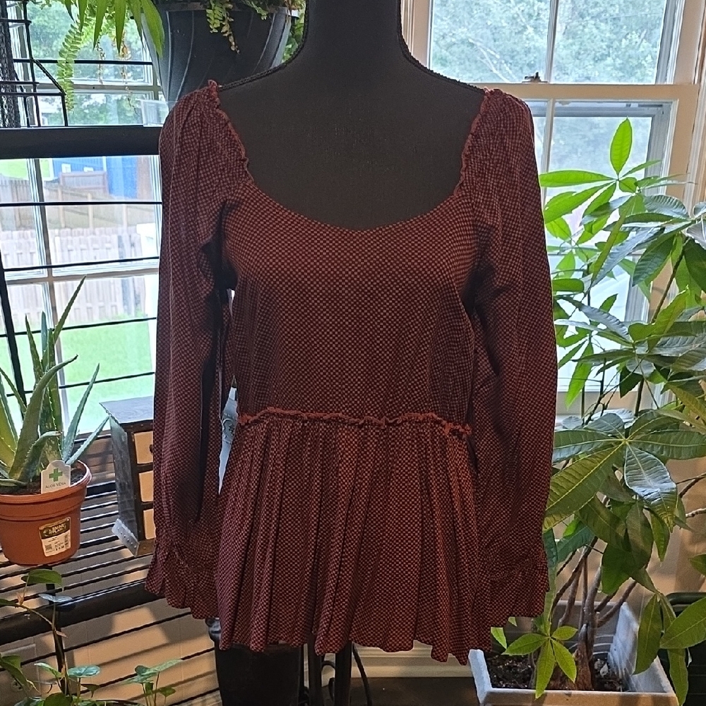 Maurices Red Ruched Peplum Long Sleeve Blouse